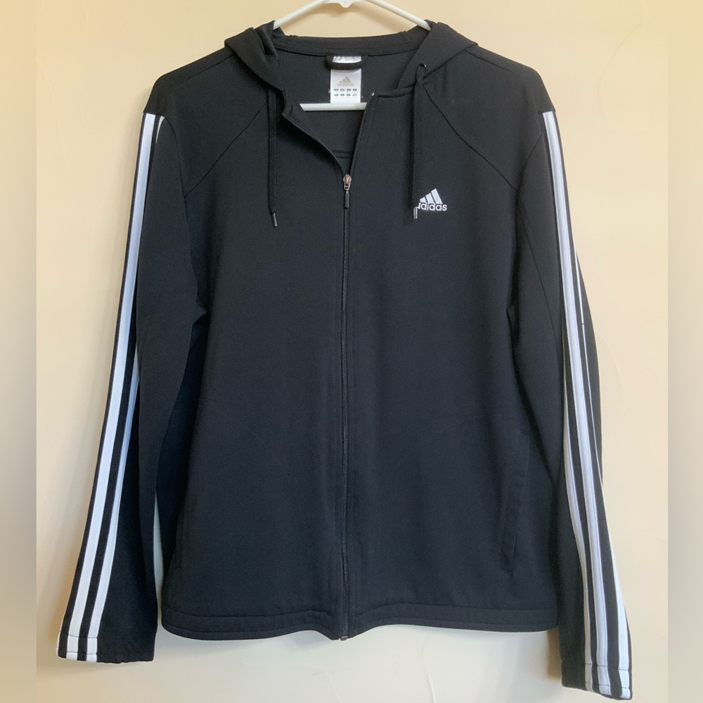 Adidas Zip Up Athletic Jacket With Hood, Striped Sleeves, Size L Large